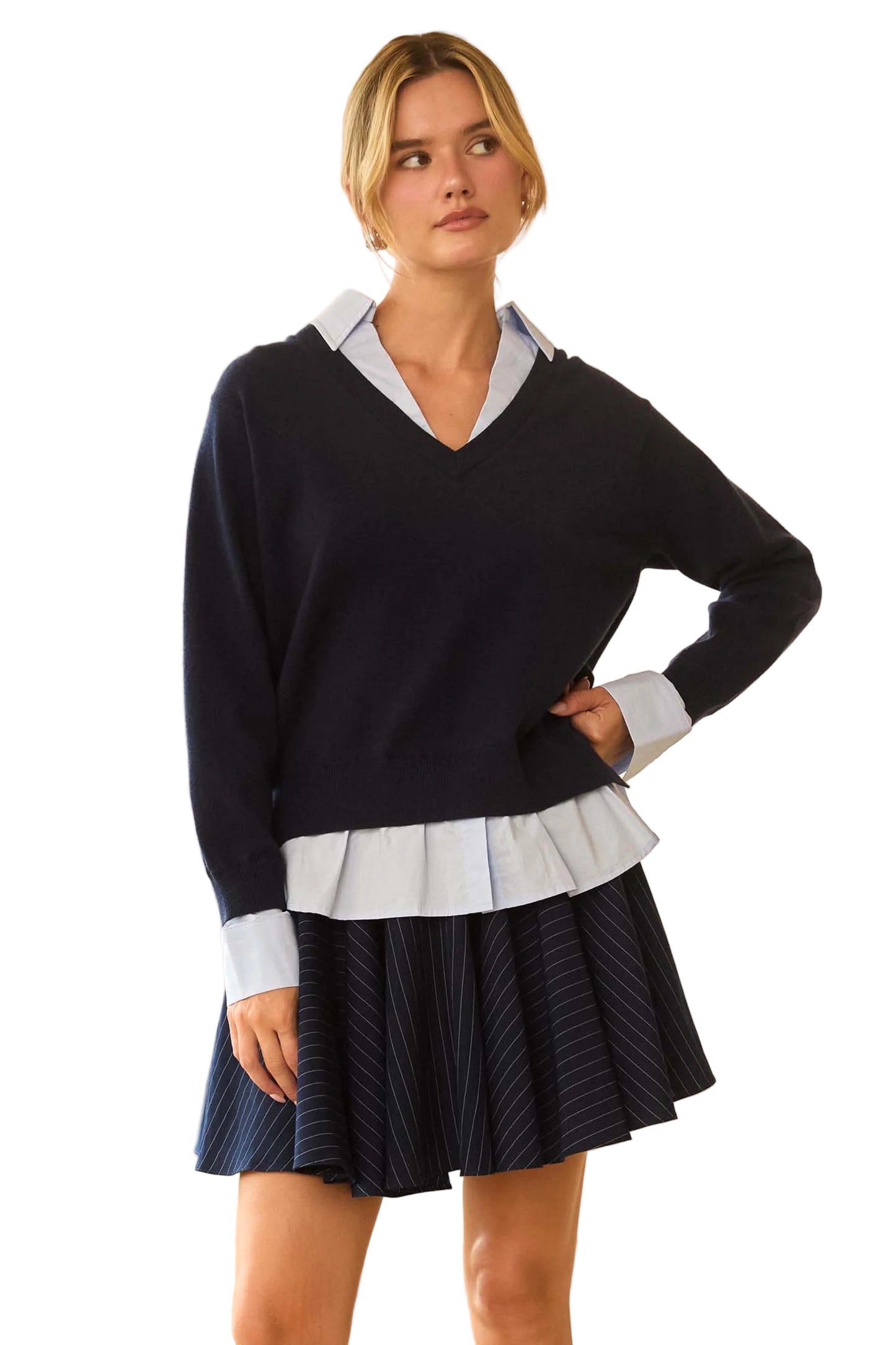 Navy Top Sweater With Shirt Layer