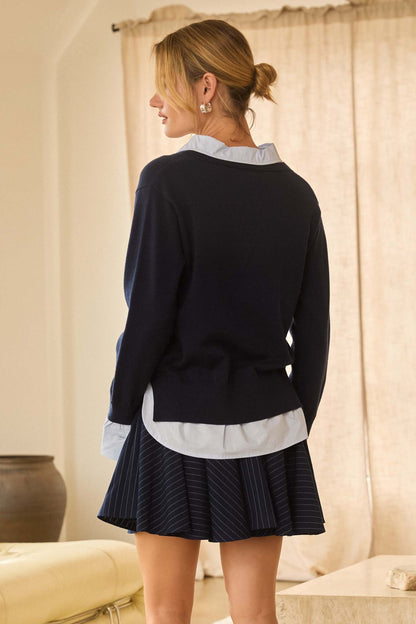 Navy Top Sweater With Shirt Layer