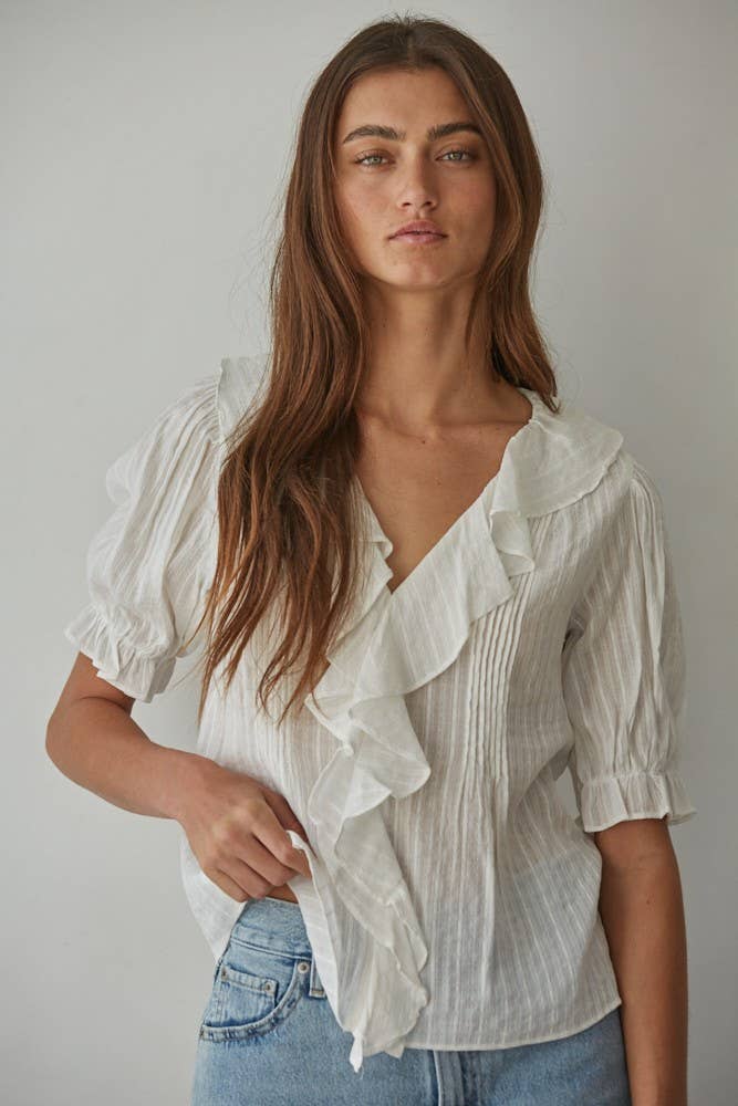L8439 | Woven Cotton Buttondown V-Neck Short Sleeve Top - 606River
