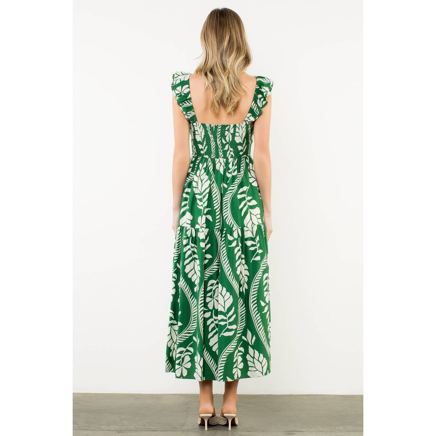 Flutter Sleeve Leaf Print Maxi Dress - 606River