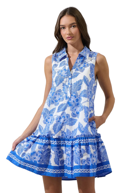 Blue White Floral Cotton Mini Dress