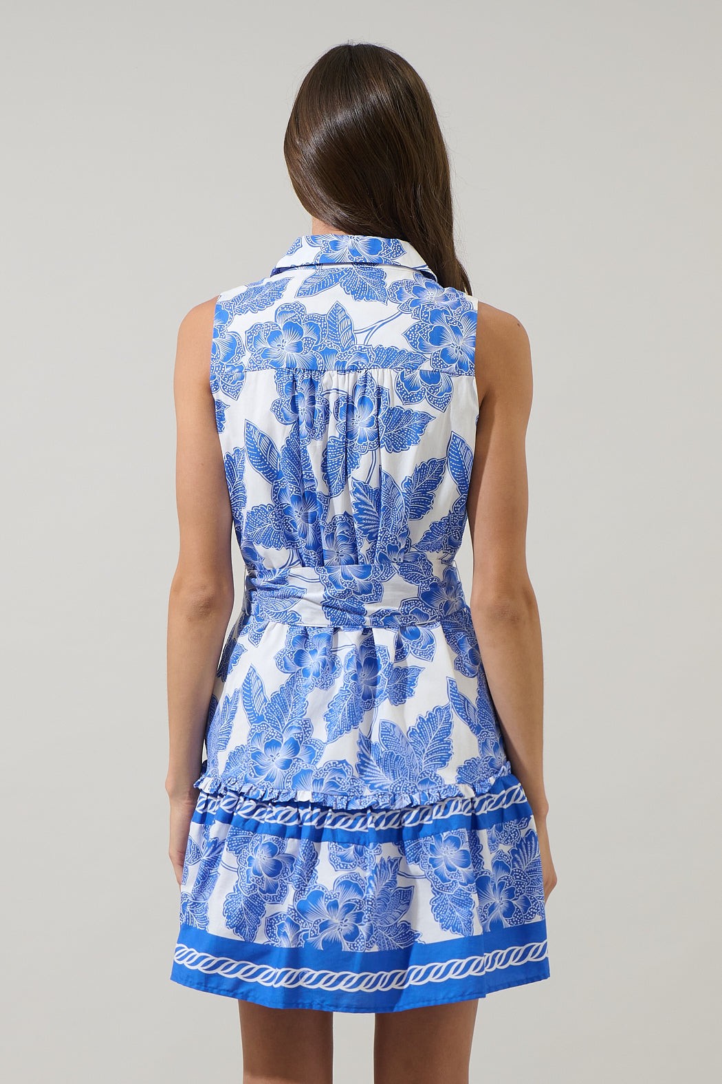 Blue White Floral Cotton Mini Dress