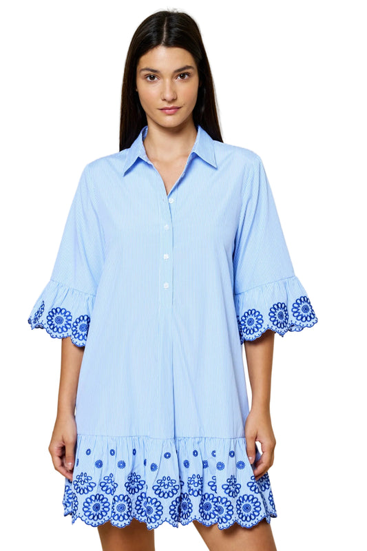 Stripe Light Blue Embroidered Detail Dress - 606River