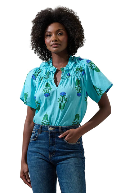 Blue Green Floral Smock Top