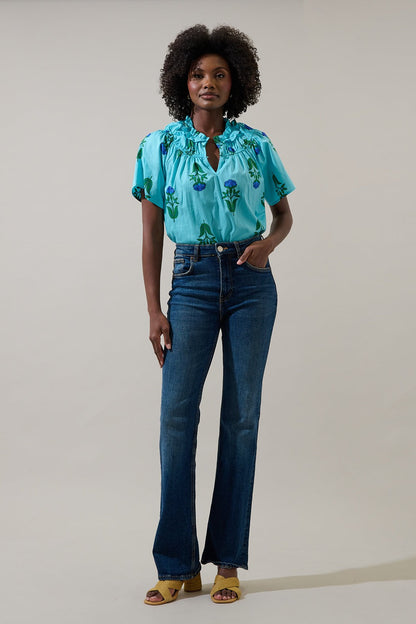 Blue Green Floral Smock Top