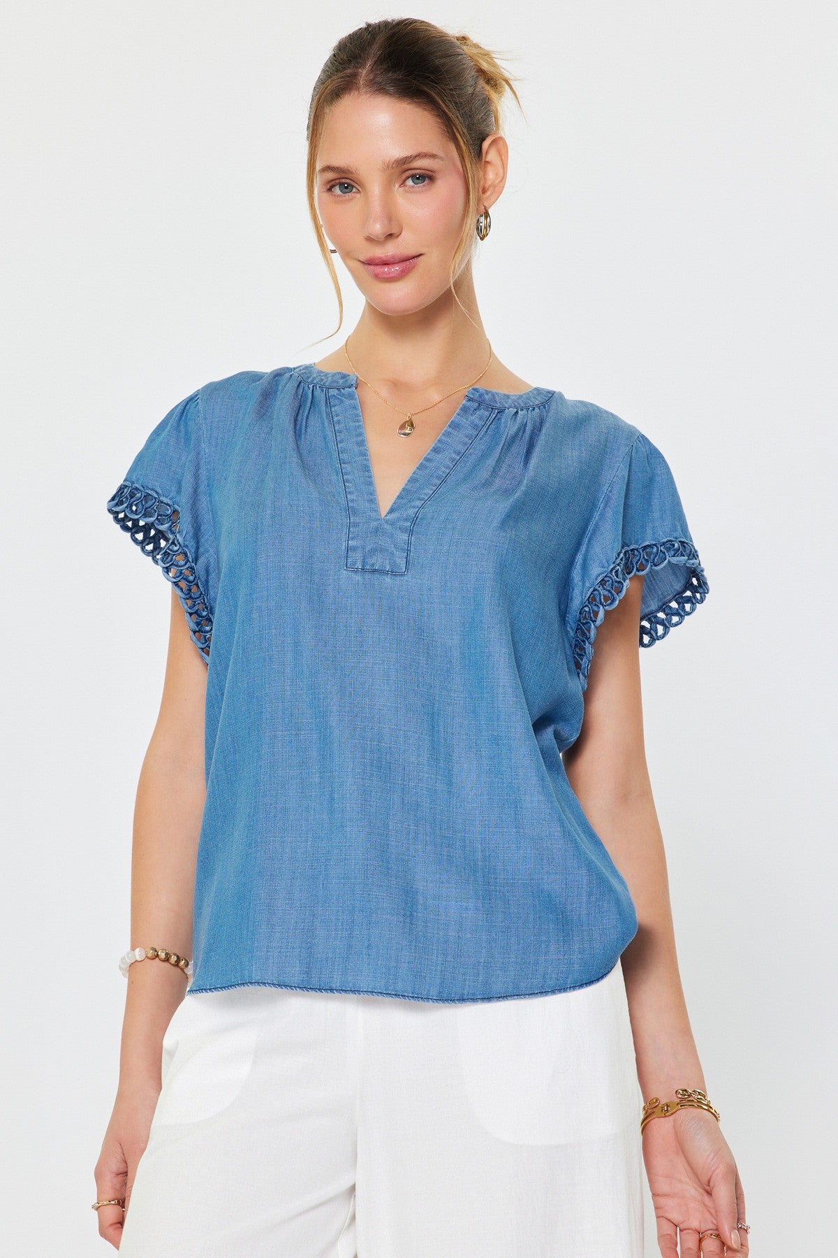 Chambray Blue V-Neck Top - 606River