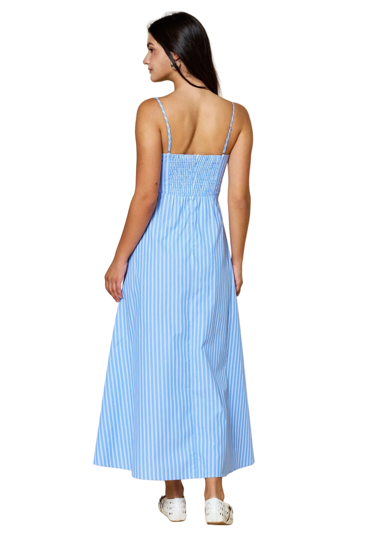 blue white striped maxi dress White and Dusty Blue Striped Sleeveless Maxi Dress