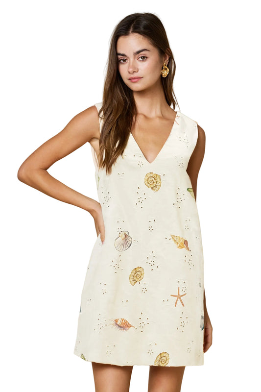 Beige Linen Dress Shell Print - 606River