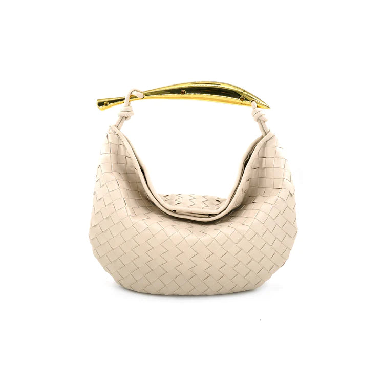 Ivory Designer Inspired Vegan Wovan Handbag With Gold Handle