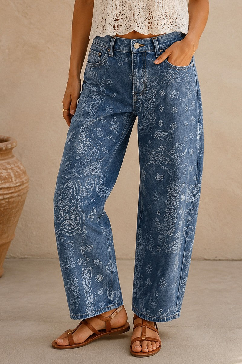 Denim Paisley Print Barrel Style Jean