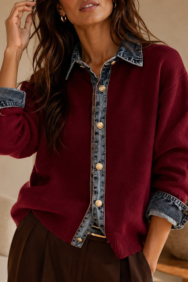 Sweater Denim Trim Button Down2