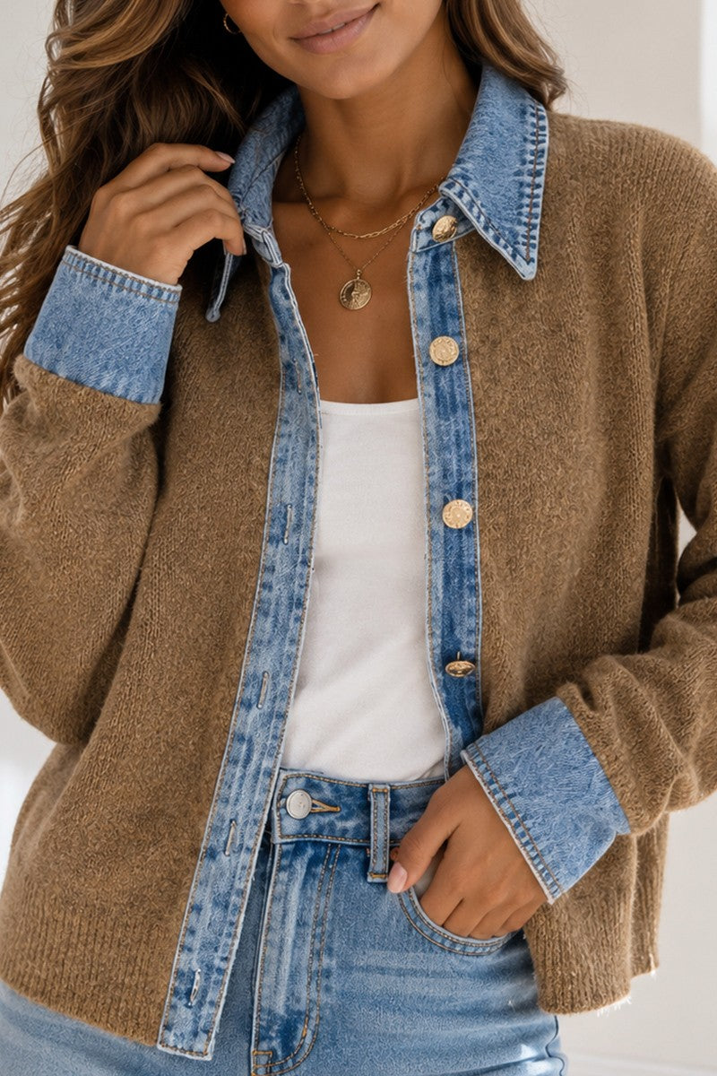 Sweater Denim Trim Button Down2