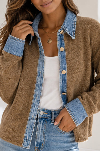 Sweater Denim Trim Button Down2