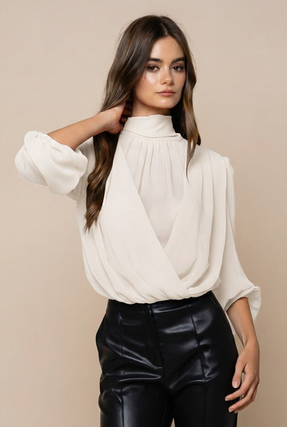 Long Sleeve Mock Neck Draped Balloon Blouse