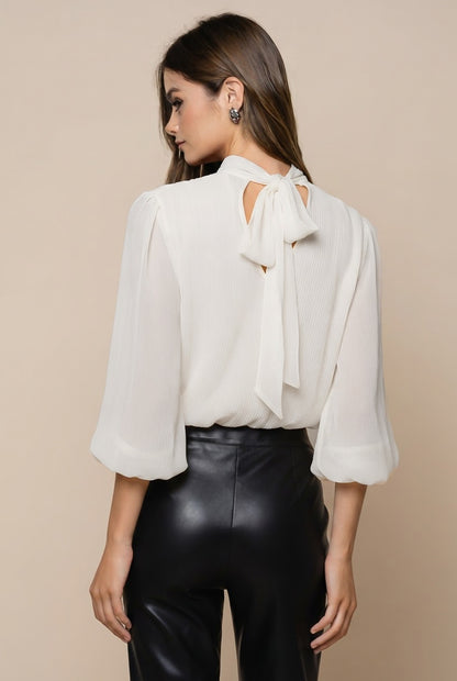 Long Sleeve Mock Neck Draped Balloon Blouse