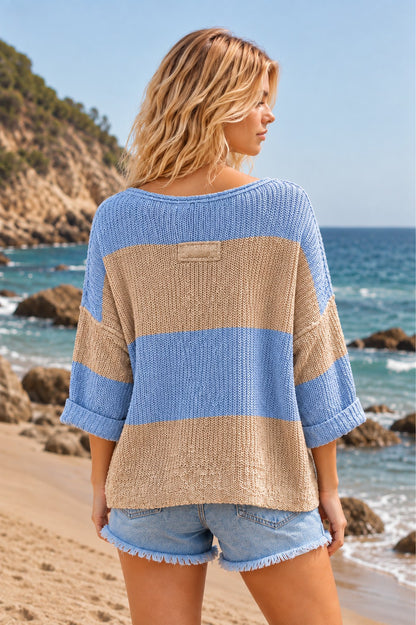 Blue Tan Stripe Casual VNeck Sweater - 606River