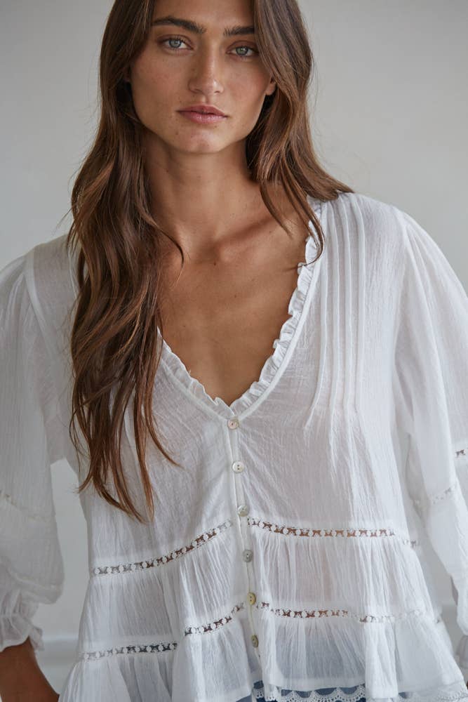 L9341 | Woven Cotton V-Neck Quarter Sleeve Top - 606River