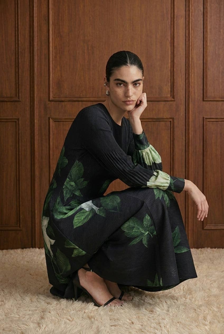 Black Green Print Botanical Dress