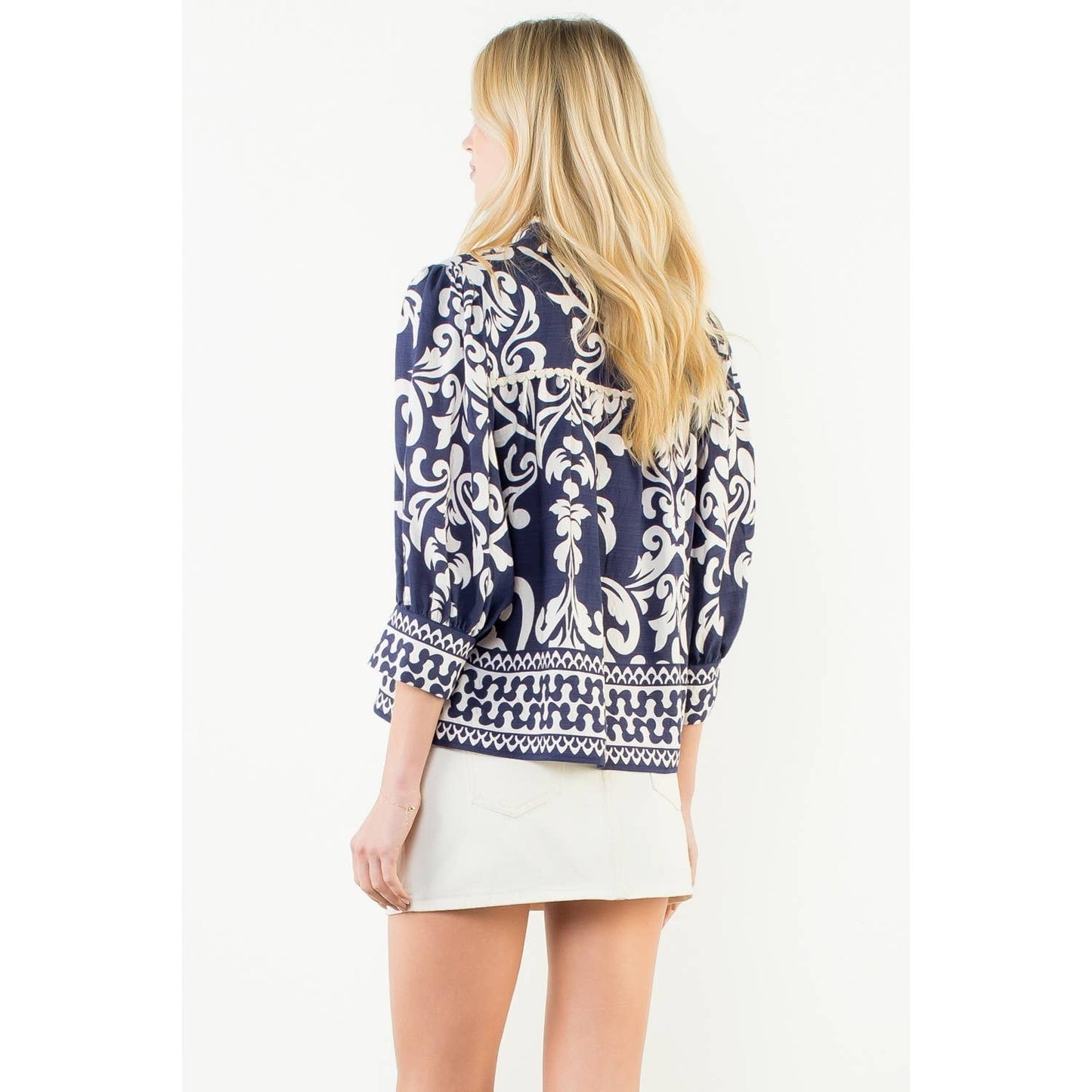 Long Sleeve Lace Trim Print Top - 606River