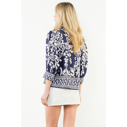 Long Sleeve Lace Trim Print Top - 606River