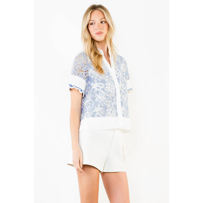 Short Sleeve Lace Detailing V-Neck Top - 606River