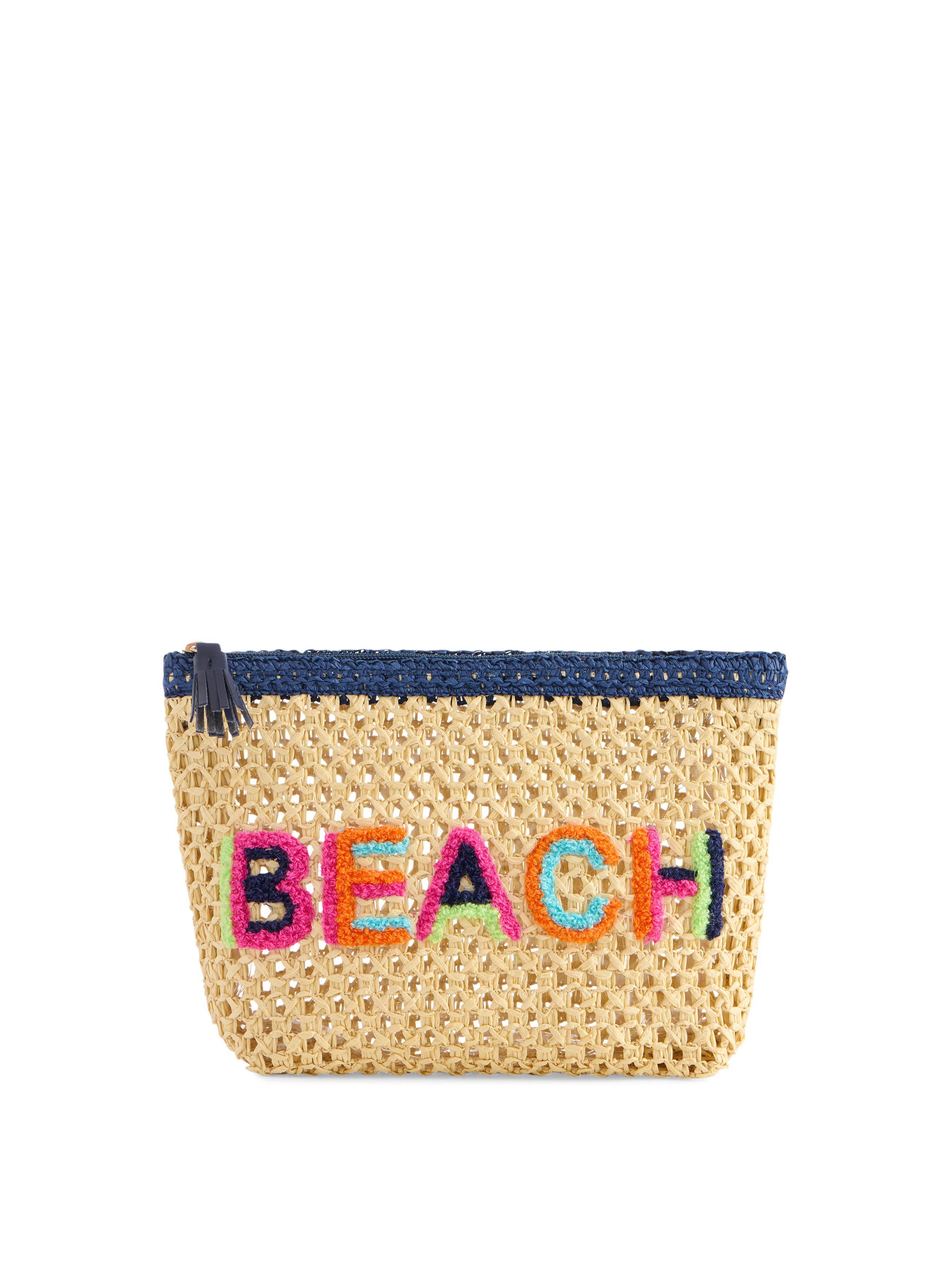 "BEACH" STRAW ZIP POUCH,NATURAL - 606River