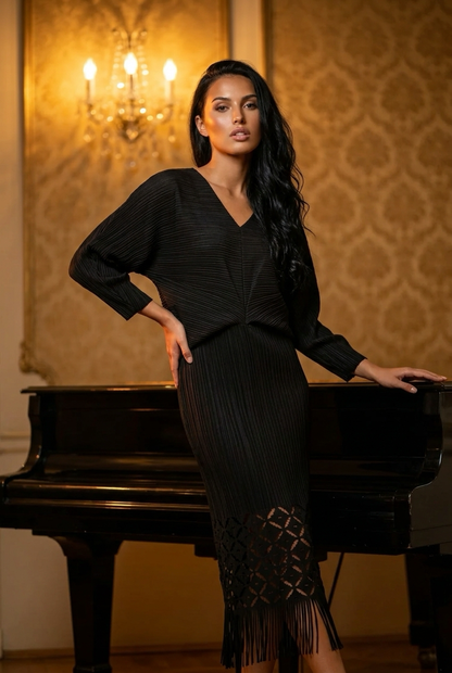Ellyndale Pleated Cutout Dress with Fringe - Black