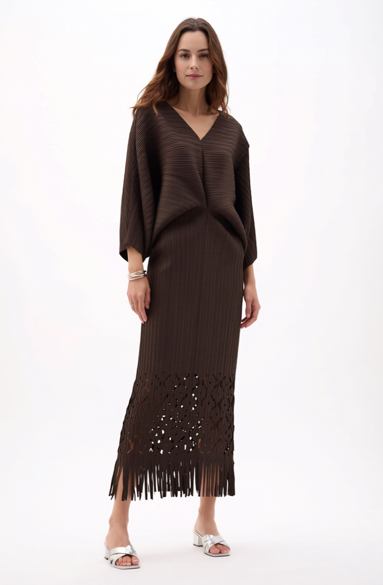 Ellyndale Pleated Cutout Dress with Fringe - Brown