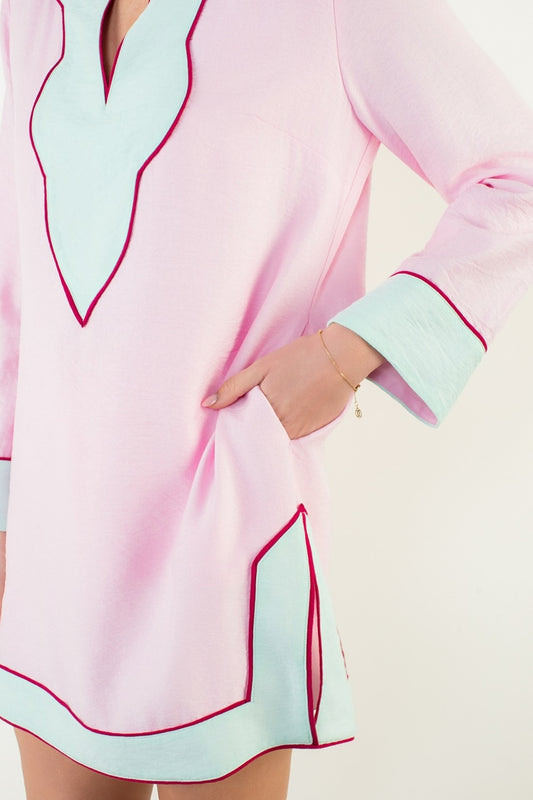 Pink V-Neck Long Sleeve Dress - 606River