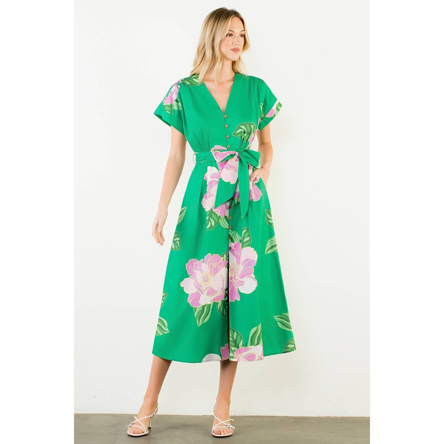 Floral V-Neck Belt Midi Dress - 606River