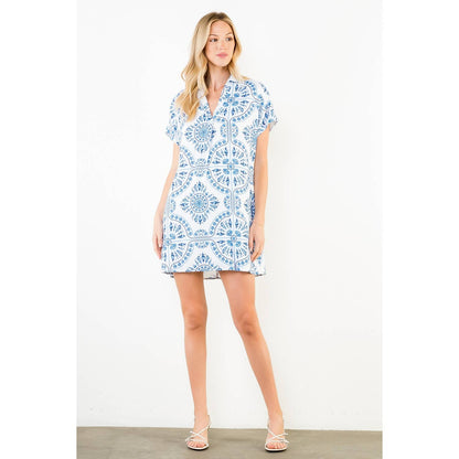 Short Sleeve Pattern Detail V-Neck Dress - 606River
