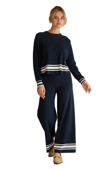 Navy White Knit Pull over Top