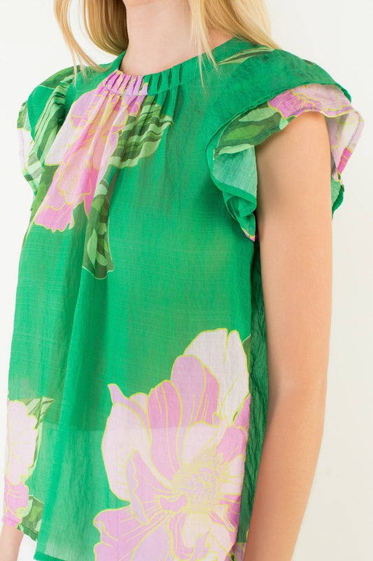 JH2219 THML Green Floral Flutter Top - 606River