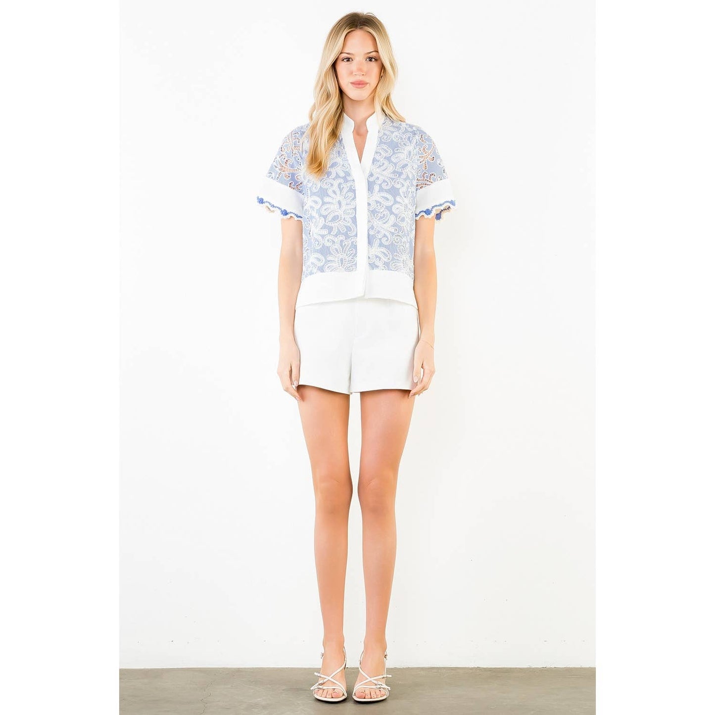 Short Sleeve Lace Detailing V-Neck Top - 606River