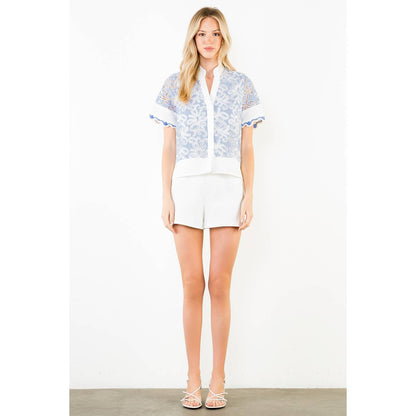 Short Sleeve Lace Detailing V-Neck Top - 606River