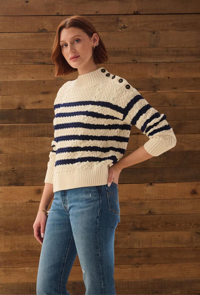 Luxurious Cotton Cashmere Ivory Sweater With Navy Stripes