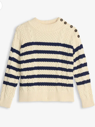 Luxurious Cotton Cashmere Ivory Sweater With Navy Stripes