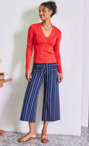 Crop Navy Pin Stripe Stretch Comfortable Wide Leg Pant