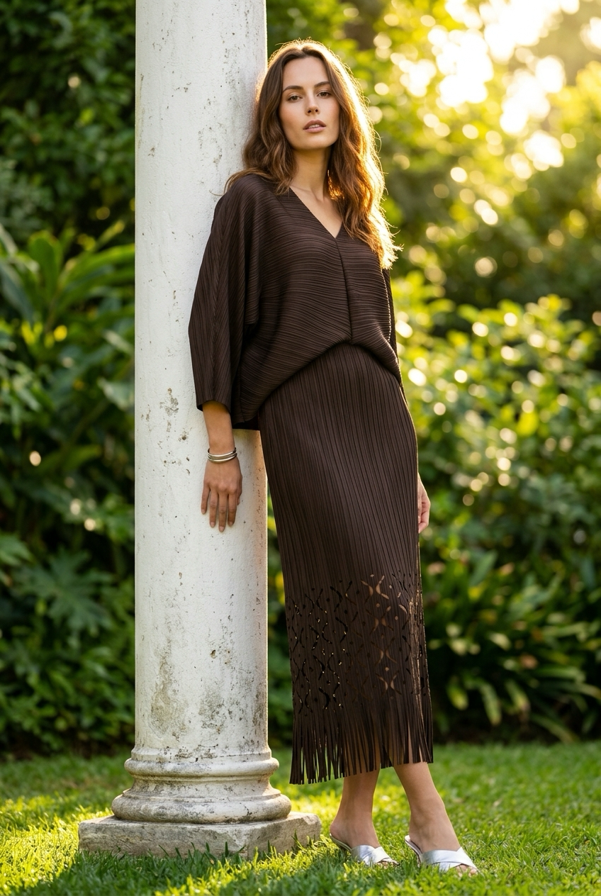 Ellyndale Pleated Cutout Dress with Fringe - Brown