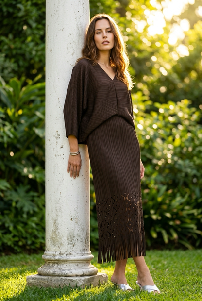 Ellyndale Pleated Cutout Dress with Fringe - Brown