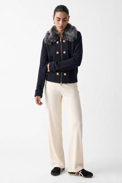 Faux Fur Collar Navy Knit Sweater Jacket