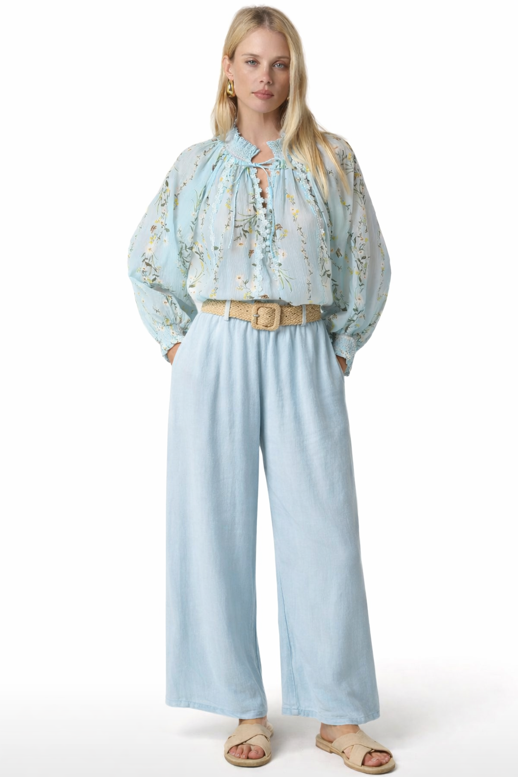 Pale Blue Lyla Floral Tie-Neck Blouse - 606River