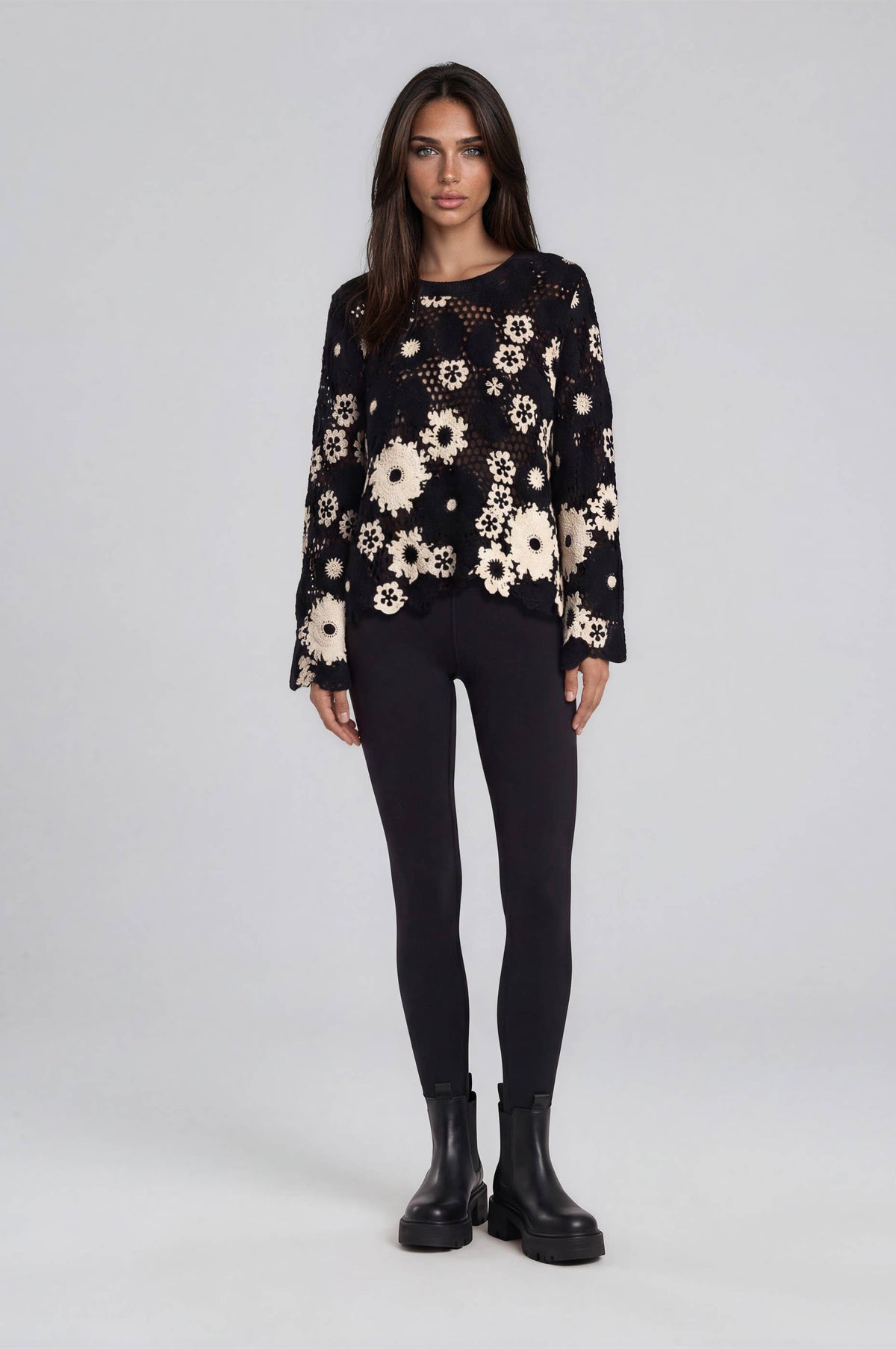L3727 Floral Crochet Lace Knit Sweater