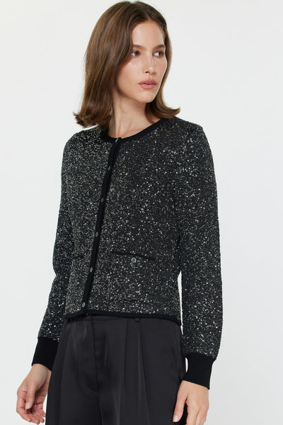 Black Sequined Embellished Button Up Sweater