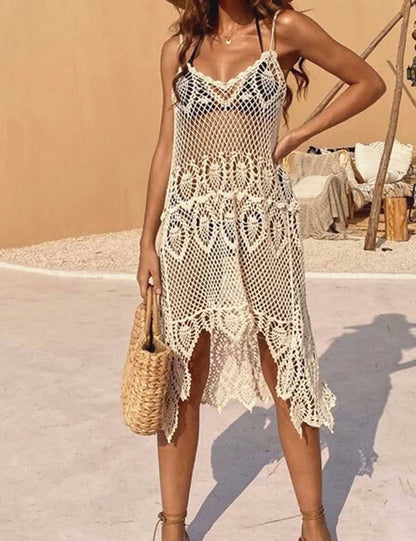 Hollow Out Crochet Flower Beach Midi Dress DP26I449 - 606River