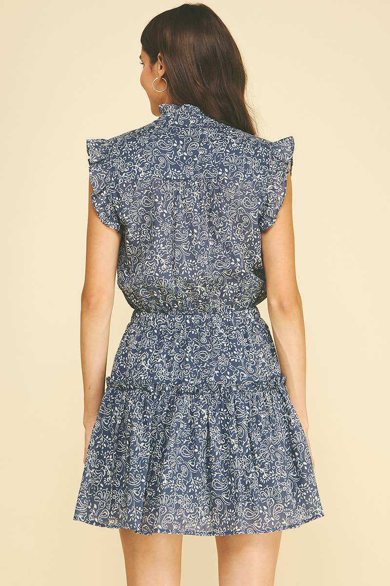 PAISLEY PRINT RUFFLED BLUE MINI DRESS