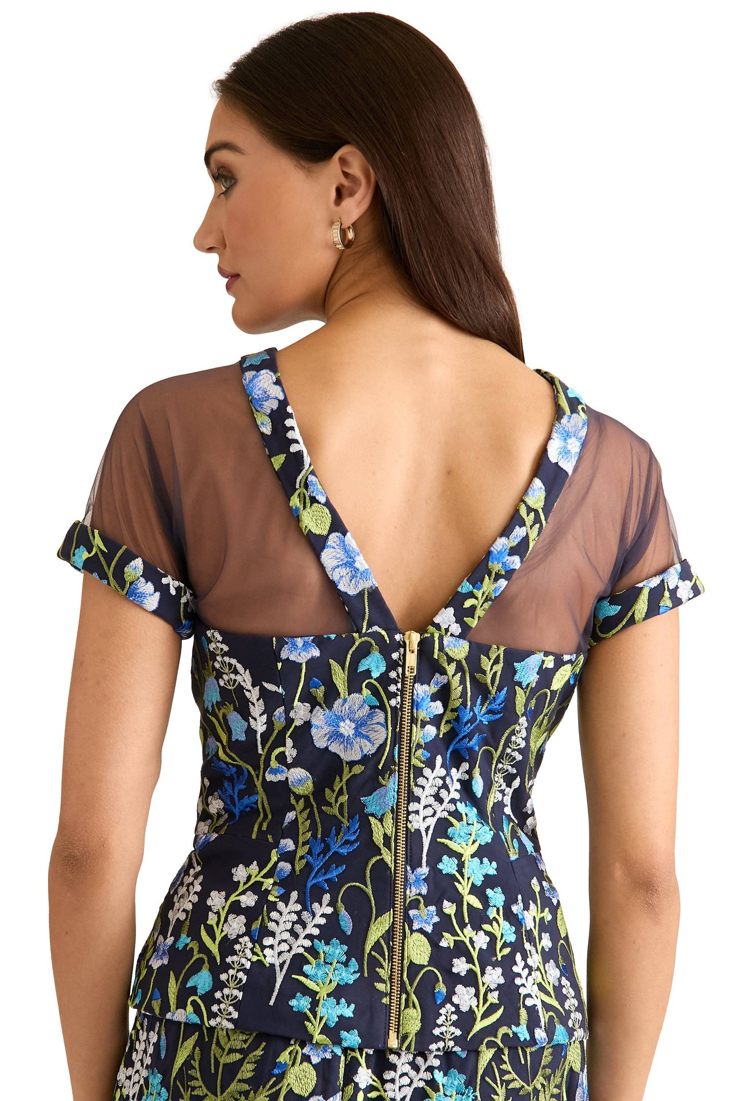 EMBROIDERED TOP WITH MESH YOKE & CAP SLEEVE - 606River