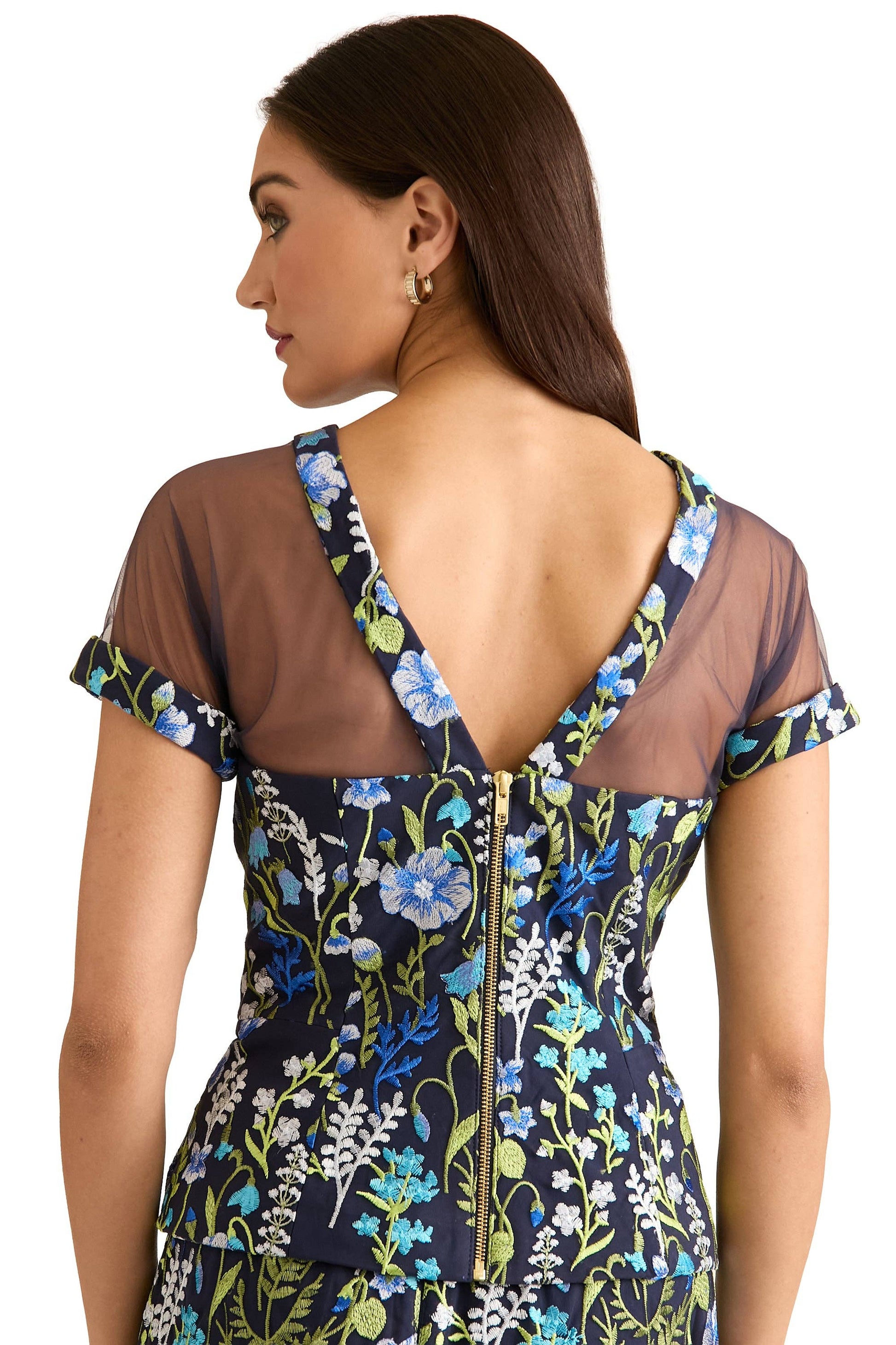 EMBROIDERED TOP WITH MESH YOKE & CAP SLEEVE - 606River