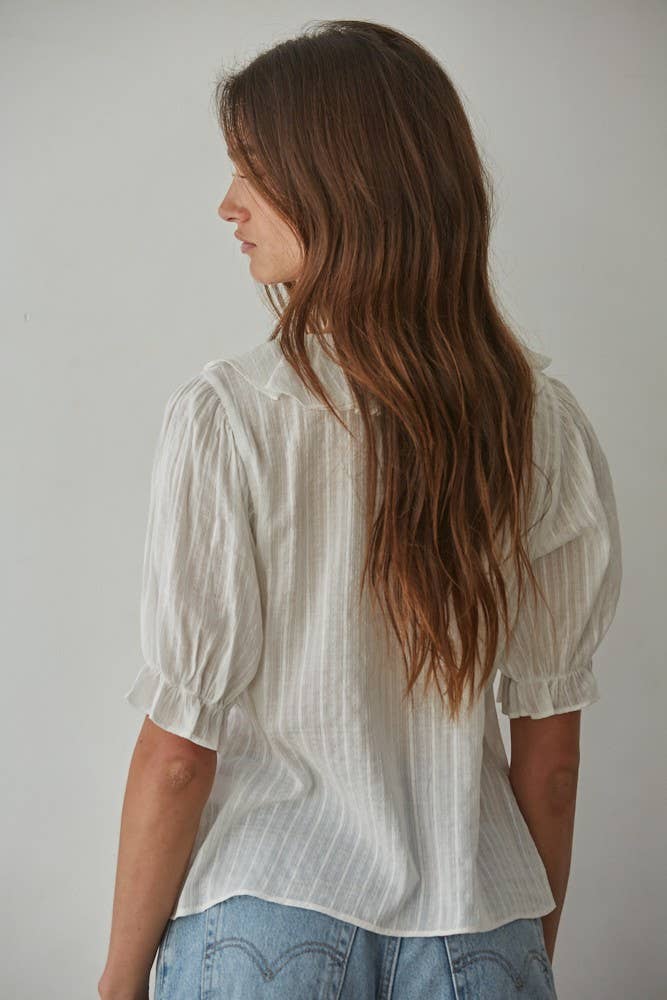 L8439 | Woven Cotton Buttondown V-Neck Short Sleeve Top - 606River