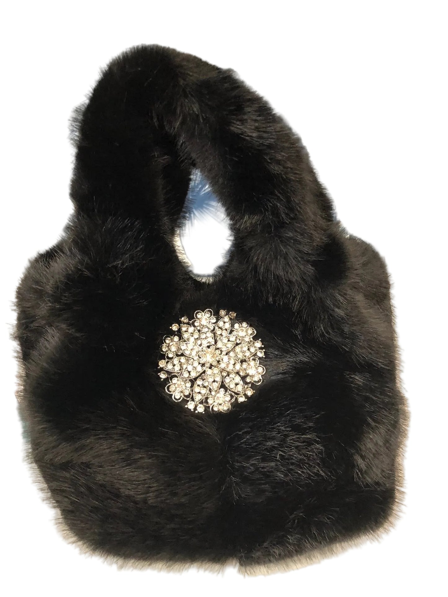 Faux Fur Bag With Embellished Broach
